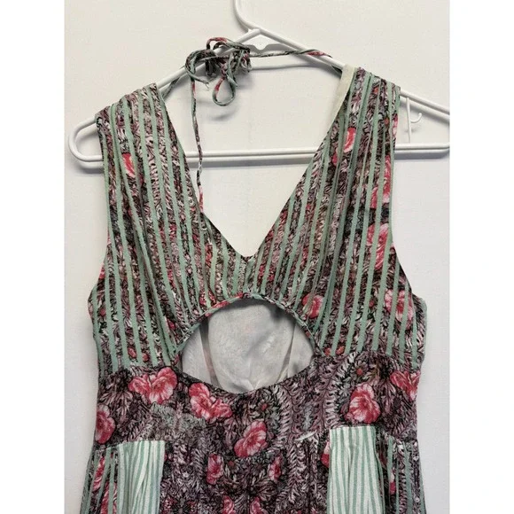 Free People Boho Floral Striped Maxi Dress Sage Green Pink Cutout Back Pockets - Picture 7 of 11